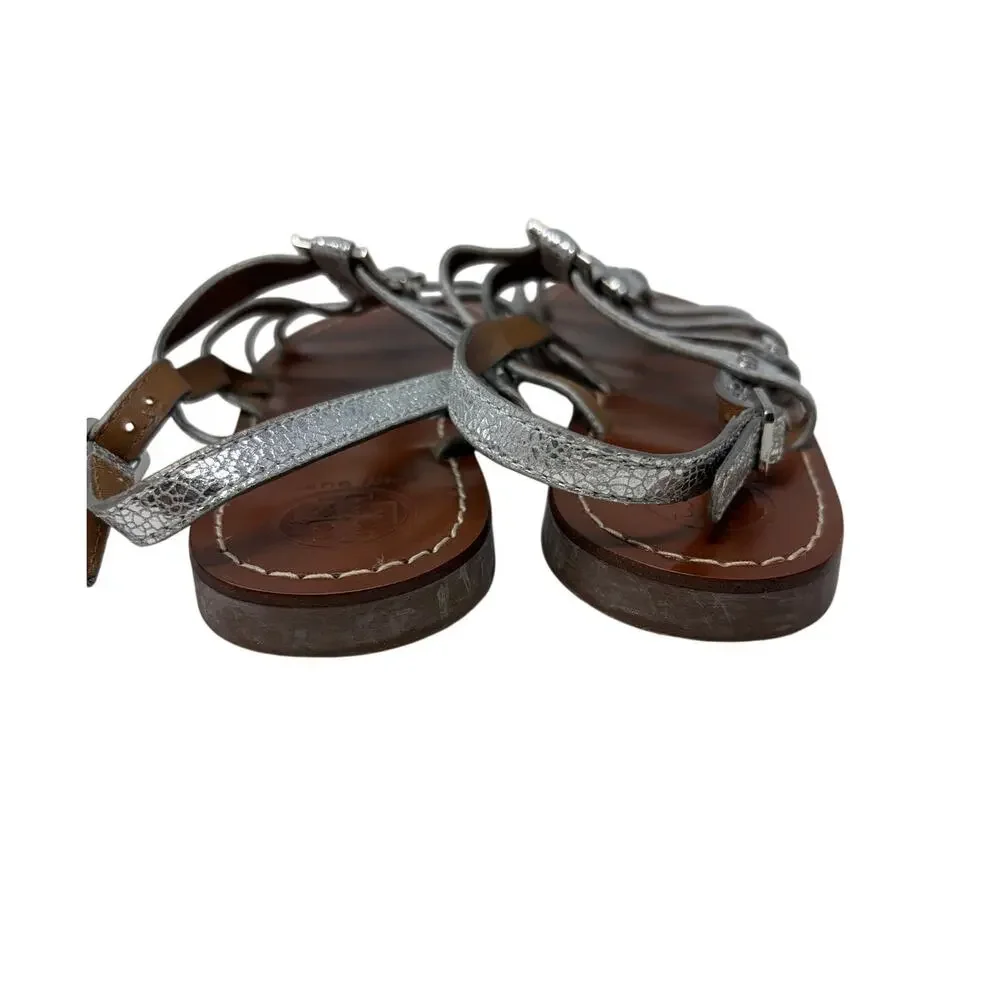 Tory Burch Reggie Flat Gladiator Silver Metallic Snakeskin Sandals Womens Sz 6.5